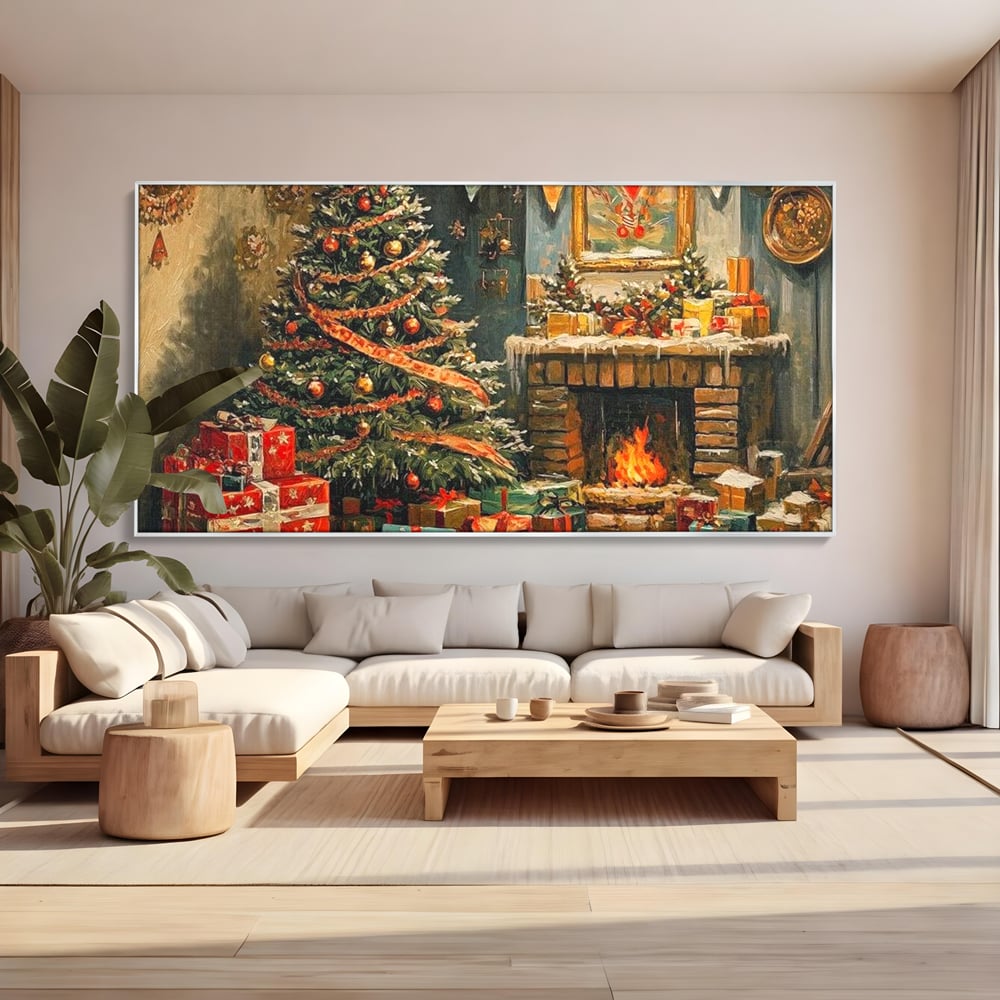 Tablou canvas cu pictura cu brad de craciun si semineu, in rama de aluminiu argintiu, pe perete intr-un living